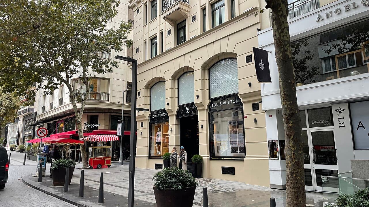 Designer boutiques and plane trees along Abdi Ipekci Avenue in Nisantasi, Istanbul